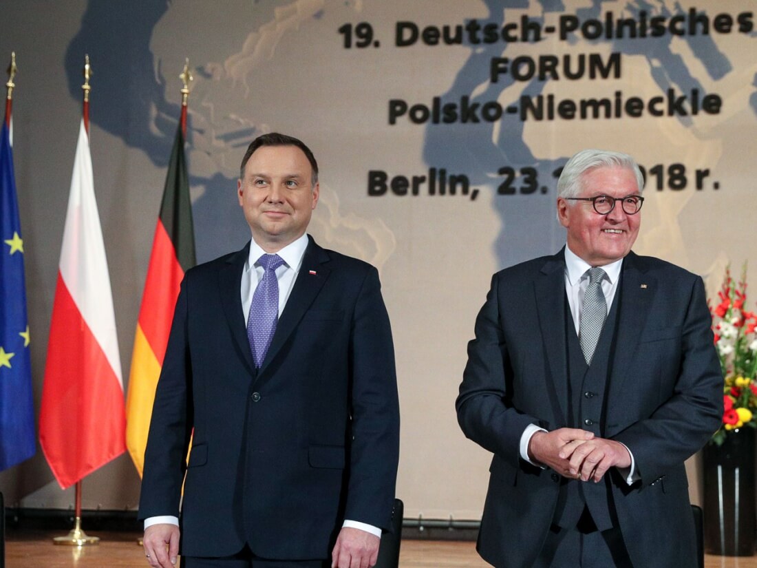 Prezydenci Polski i Niemiec, Andrzej Duda i Frank-Walter Steinmeier, podczas XIX Forum Polsko-Niemieckiego „Europa 1918 – 2018: historia z przyszłością”